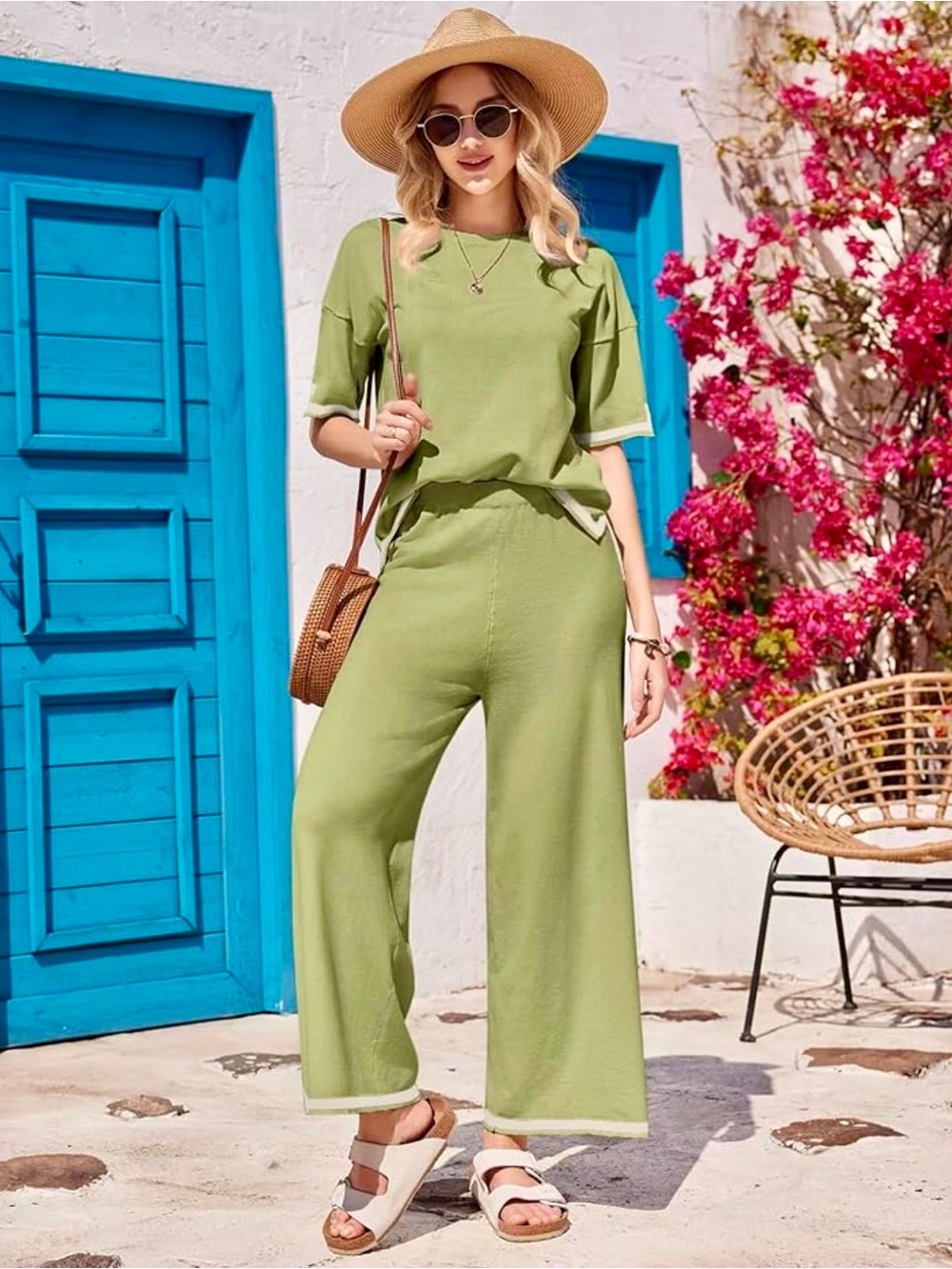 LOUNGE SET 2PC OLIVE GREEN TRAVEL KNITWEAR WIDE LEG PANTS CAUSAL FIT SIZE SM NWT
